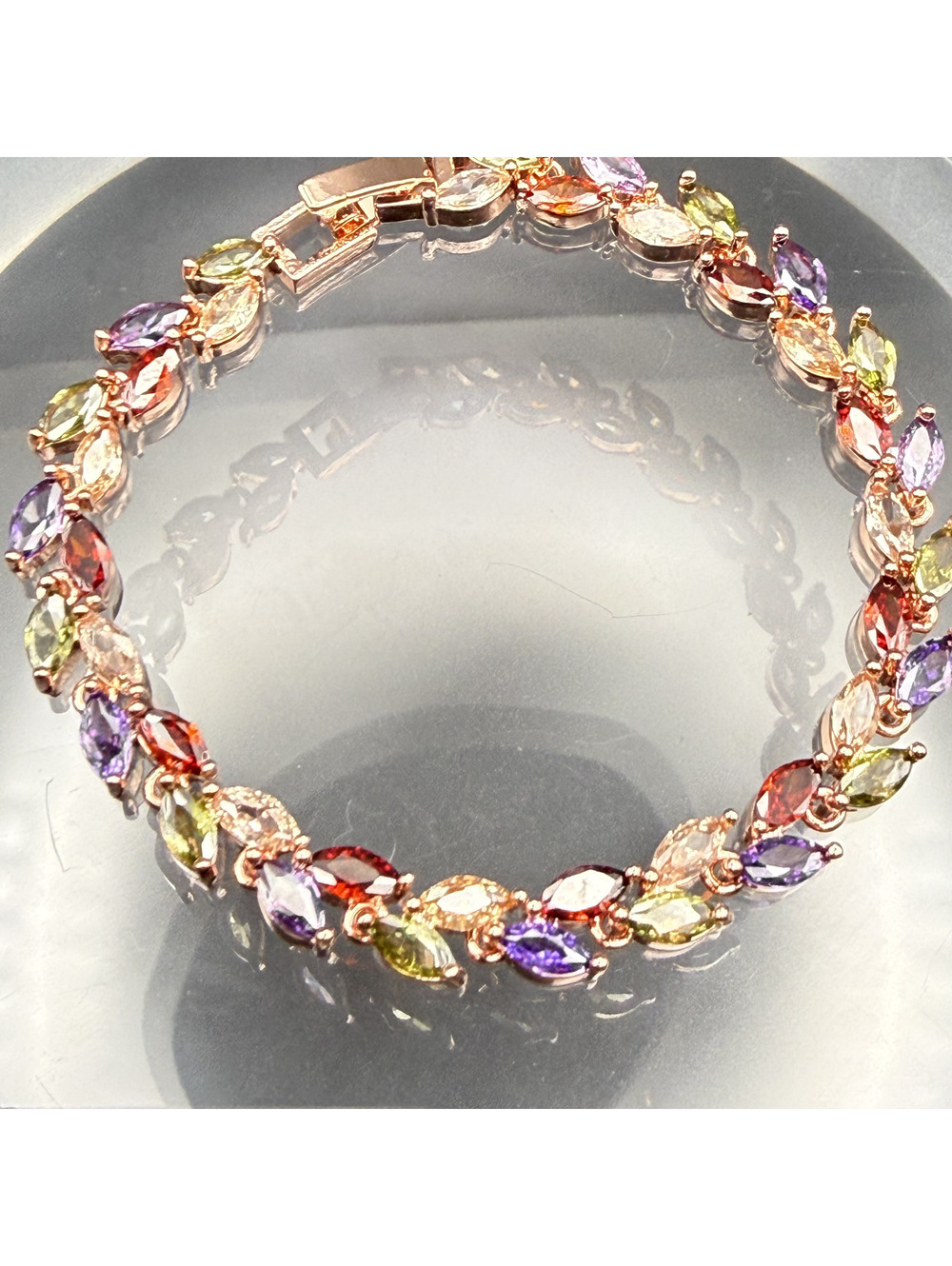 candy+clover Muted Multicolor Laurel Leaf Crystal Rose Gold Tone Bracelet